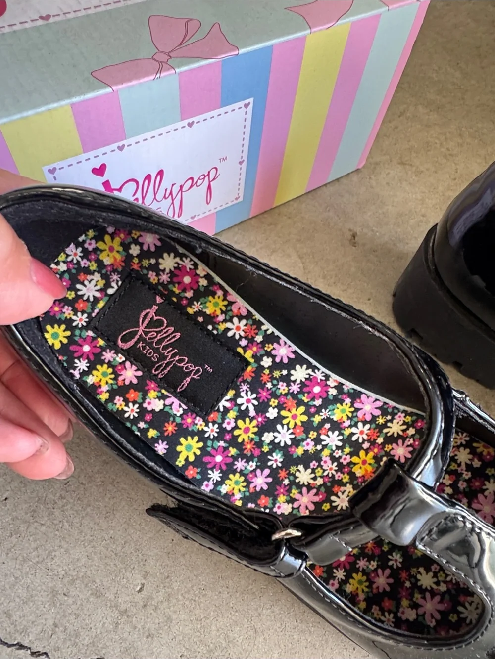 Jellypop Pandora Kids Black Patent Mary Jane Shoes with Flower Insole